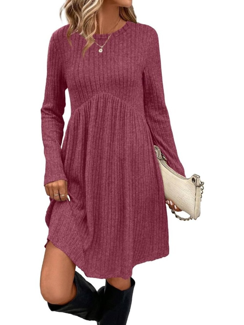 Women's Rose Red Long Sleeve Comfort Crew Neck Empire Waist Tunic Mini Dress